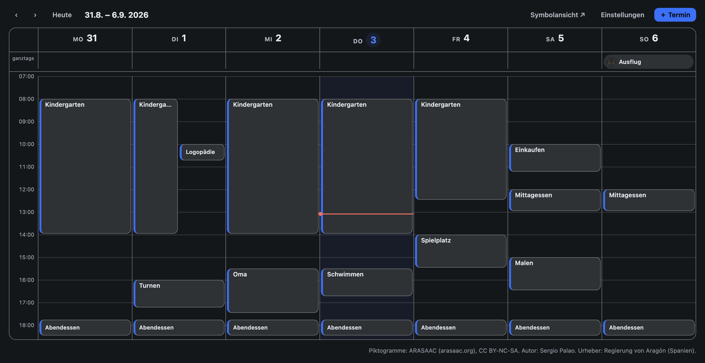 Der Kalender von wochenwerk: eine Woche als Raster aus Stunden und sieben Tagesspalten, darin Termine wie Kindergarten, Logopädie und Abendessen.